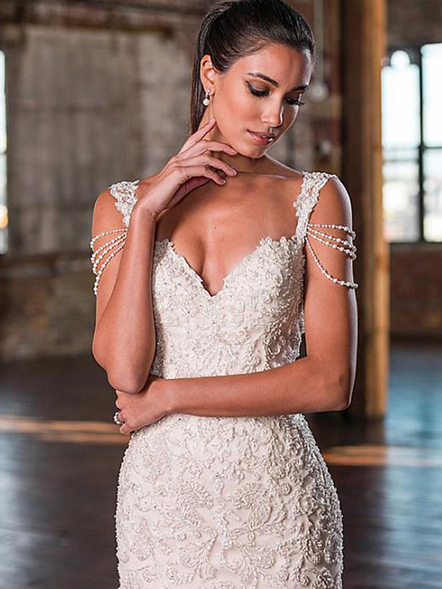 Elegant Long Mermaid Sweetheart Court Train Lace Tulle Spaghetti Strap Wedding Dresses