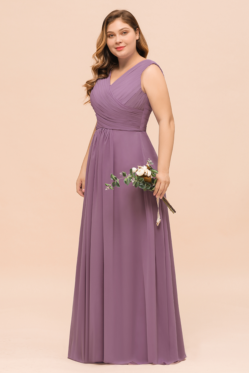 Elegant Plus size Long A-line V-neck Sleeveless Chiffon Wisteria Bridesmaid Dress