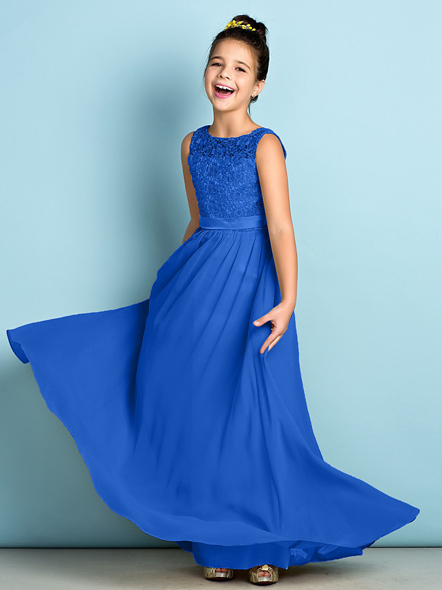 A-Line Scoop Neck Floor Length Chiffon / Lace Junior Bridesmaid Dress With Lace / Natural / Mini Me