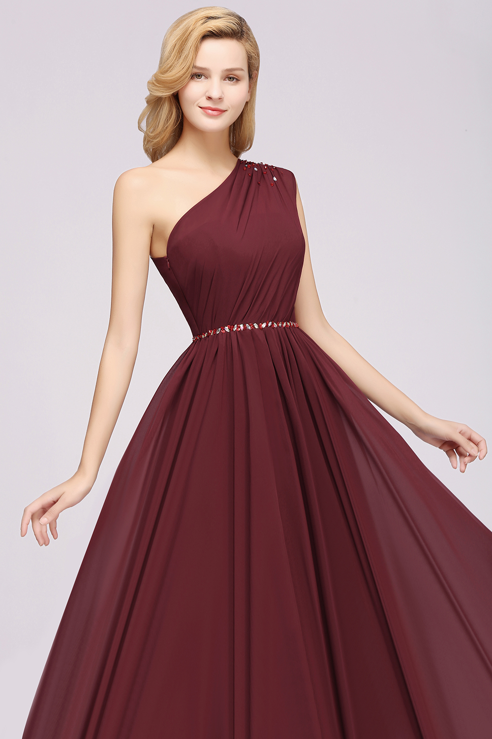 Elegant A-Line Burgundy Chiffon One-Shoulder Sleeveless Ruffles Floor-Length Bridesmaid Dresses with Beadings