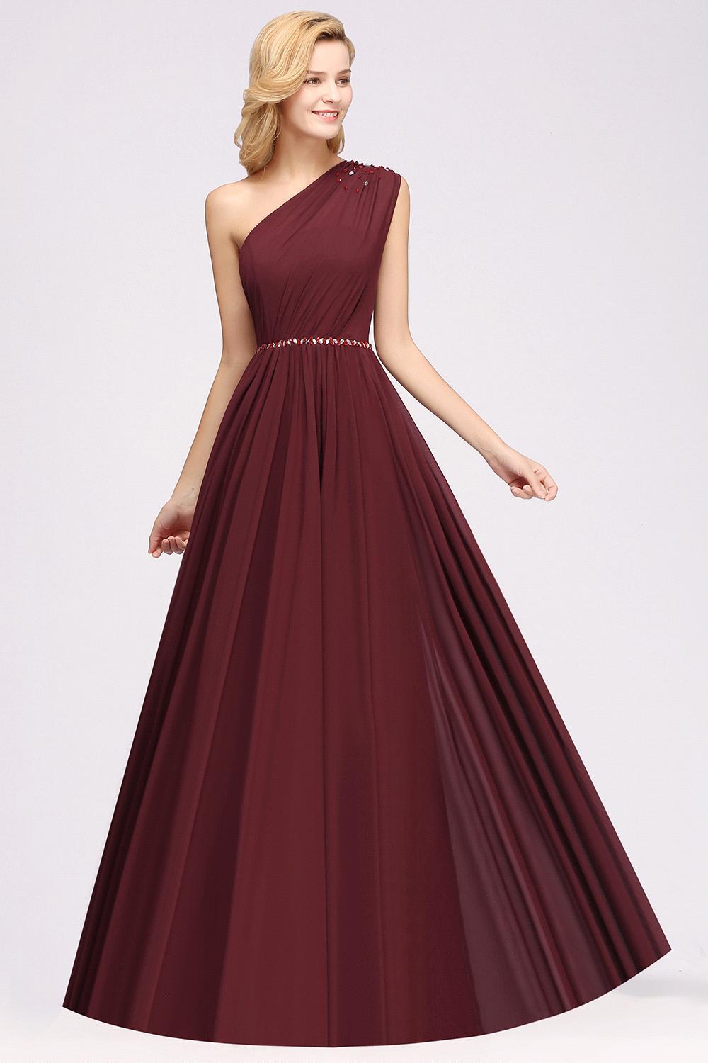Elegant A-Line Burgundy Chiffon One-Shoulder Sleeveless Ruffles Floor-Length Bridesmaid Dresses with Beadings