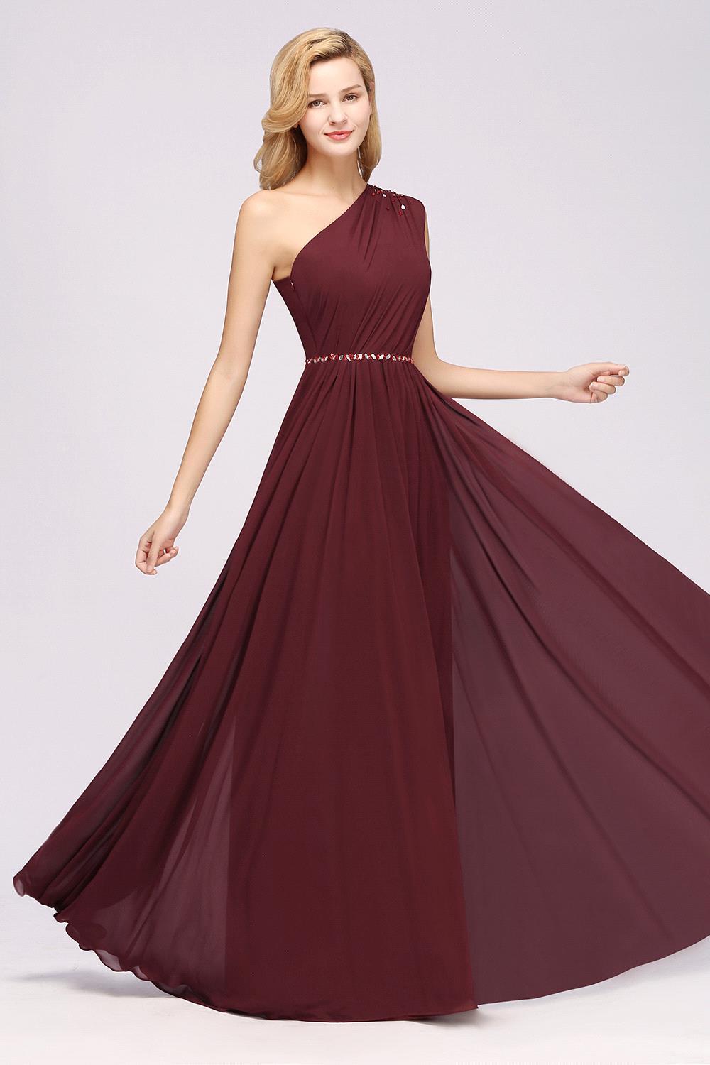Elegant A-Line Burgundy Chiffon One-Shoulder Sleeveless Ruffles Floor-Length Bridesmaid Dresses with Beadings