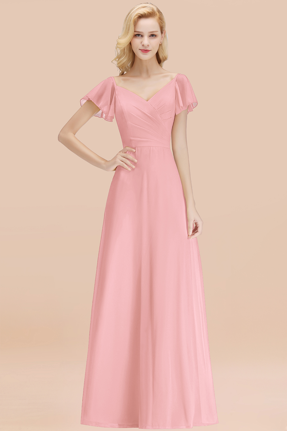 Elegant V Neck Short Sleeves Chiffon A-line Long Candy Pink Bridesmaid Dress