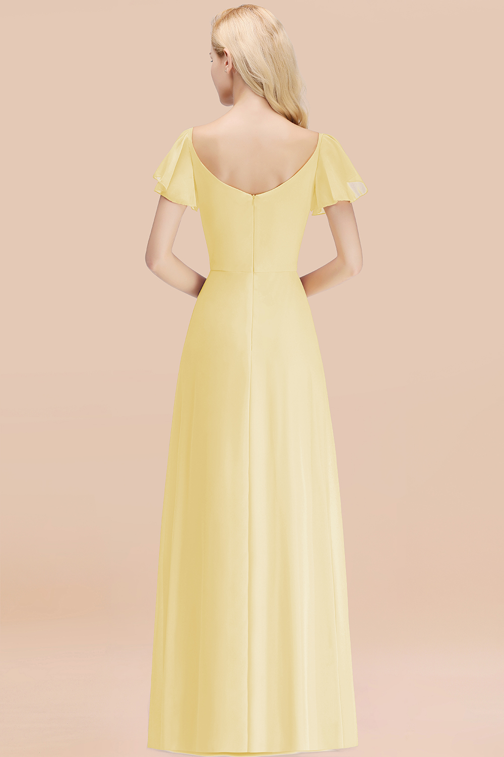 Elegant V Neck Short Sleeves Chiffon A-line Long Daffodil Bridesmaid Dress