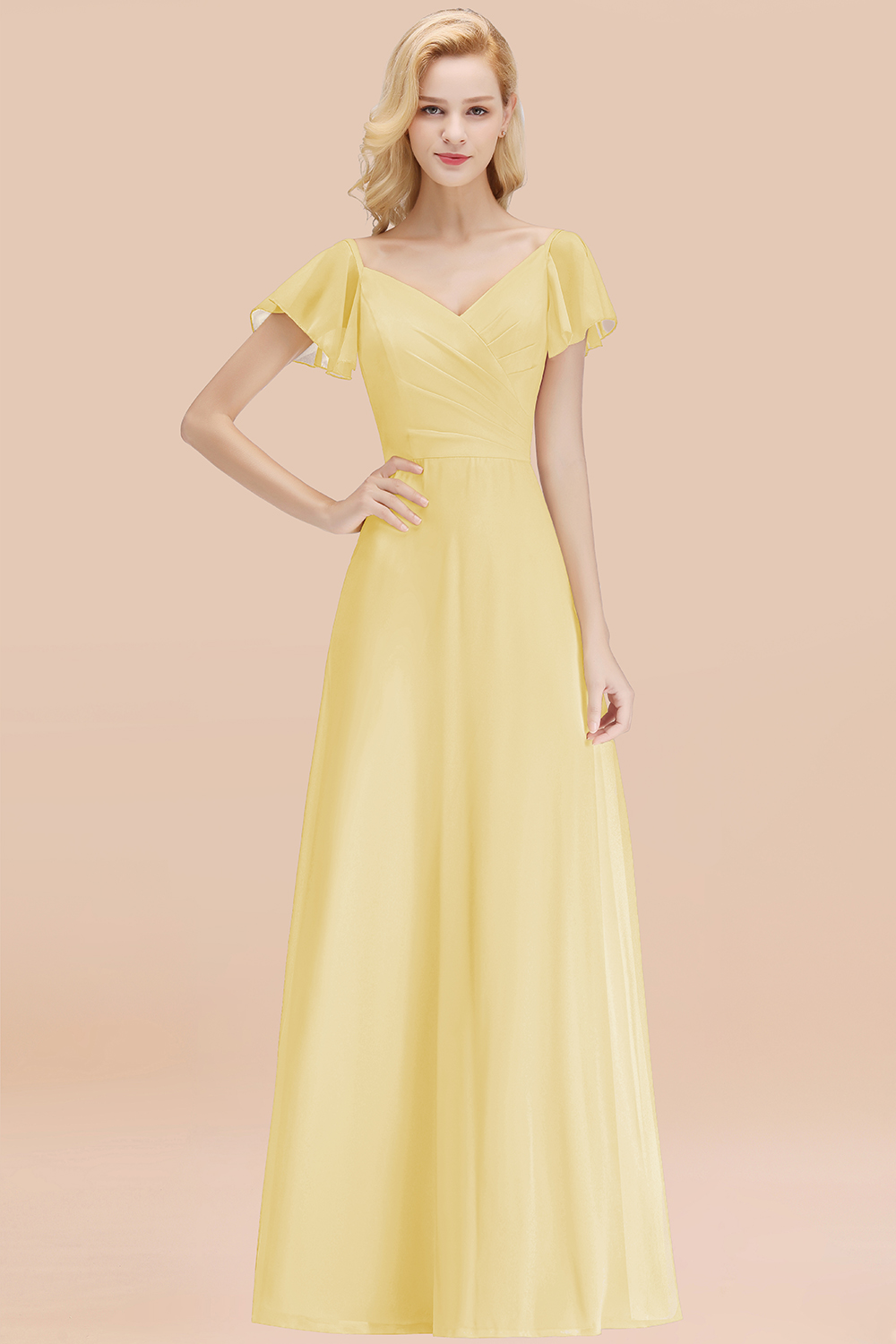 Elegant V Neck Short Sleeves Chiffon A-line Long Daffodil Bridesmaid Dress