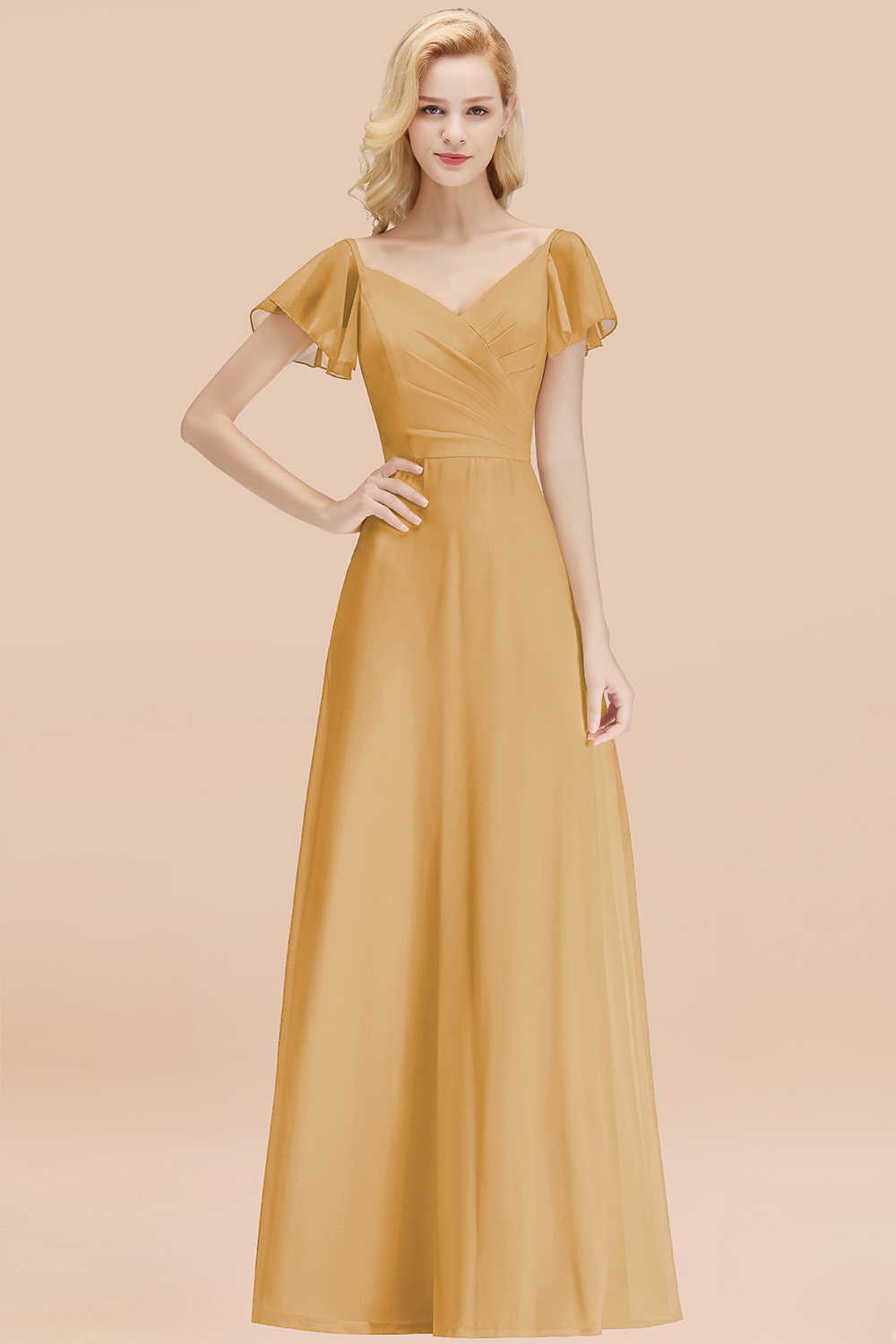 Elegant V Neck Short Sleeves Chiffon A-line Long Gold Bridesmaid Dress
