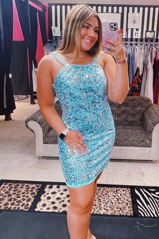 Elegant Halter Sequins Light Blue Homecoming Dress