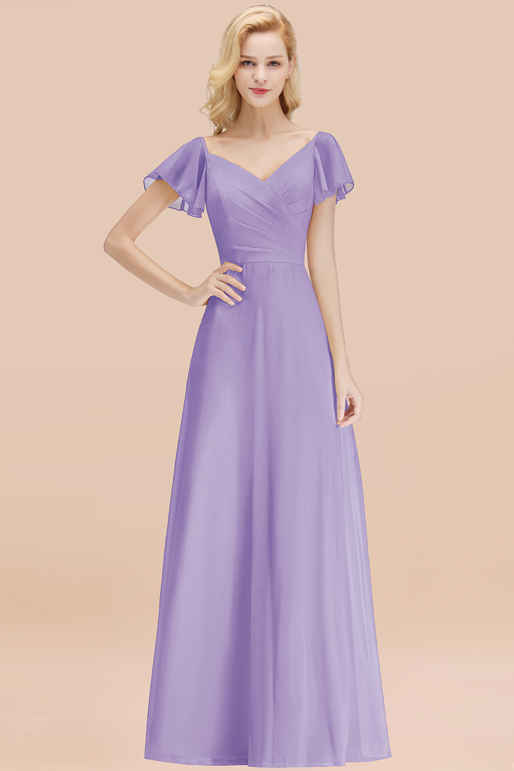 Elegant V Neck Short Sleeves Chiffon A-line Long Lilac Bridesmaid Dress