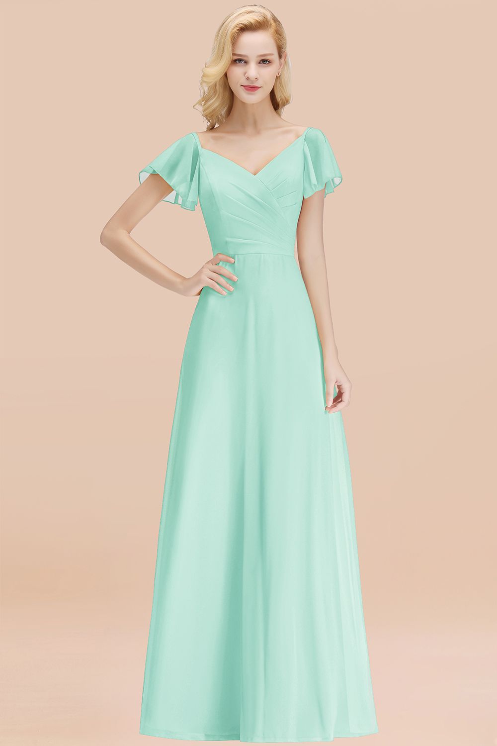 Elegant V Neck Short Sleeves Chiffon A-line Long Mint Bridesmaid Dress