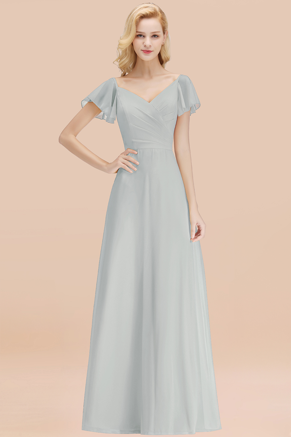 Elegant V Neck Short Sleeves Chiffon A-line Long Mist Bridesmaid Dress