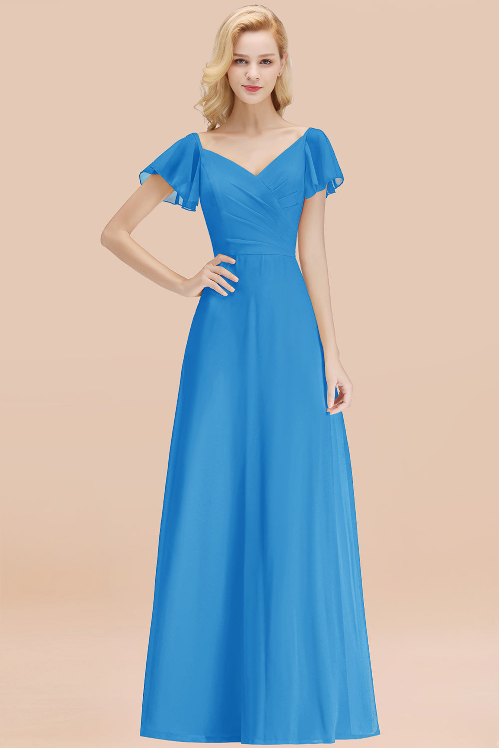 Elegant V Neck Short Sleeves Chiffon A-line Long Ocean Blue Bridesmaid Dress