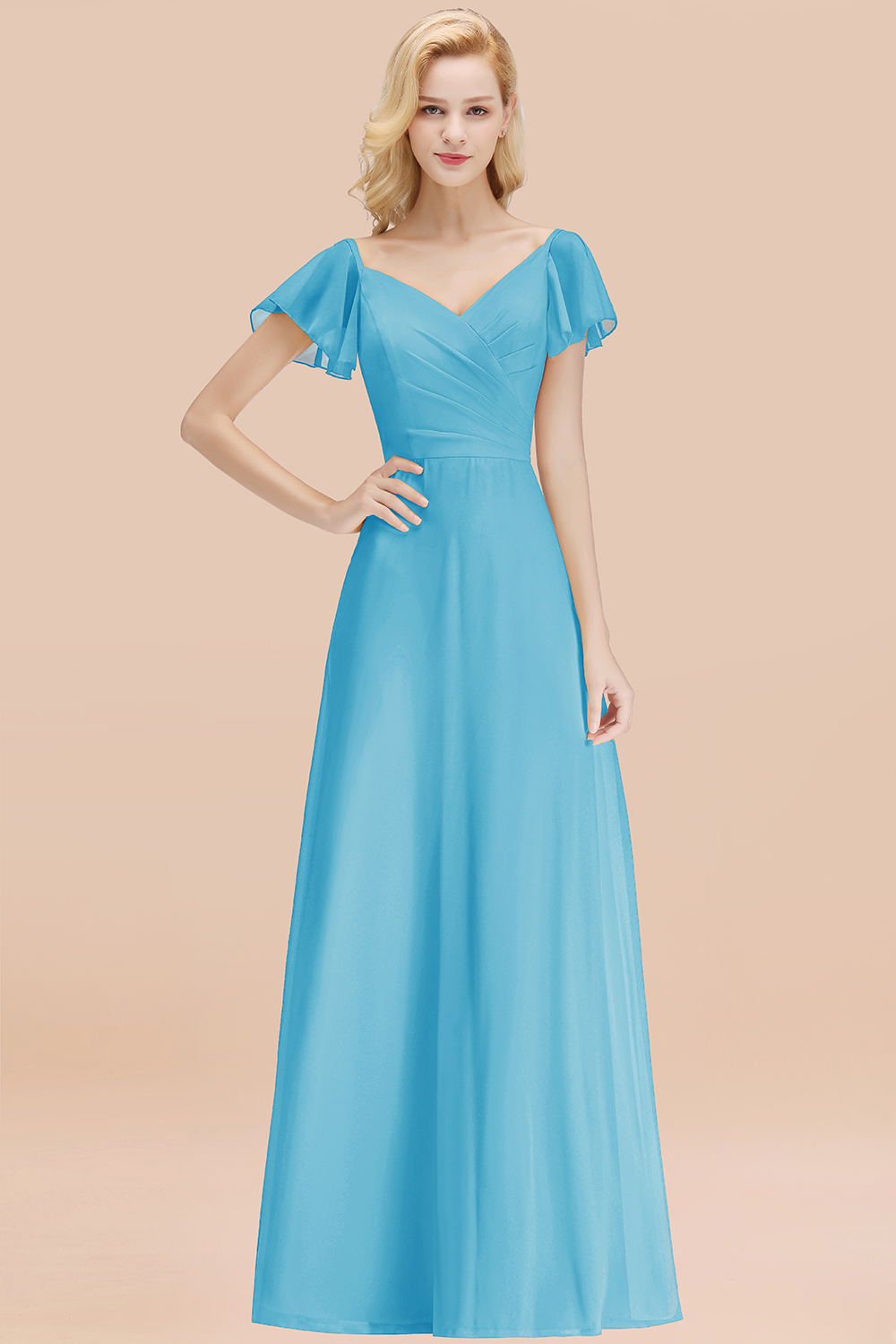 Elegant V Neck Short Sleeves Chiffon A-line Long Pool Bridesmaid Dress