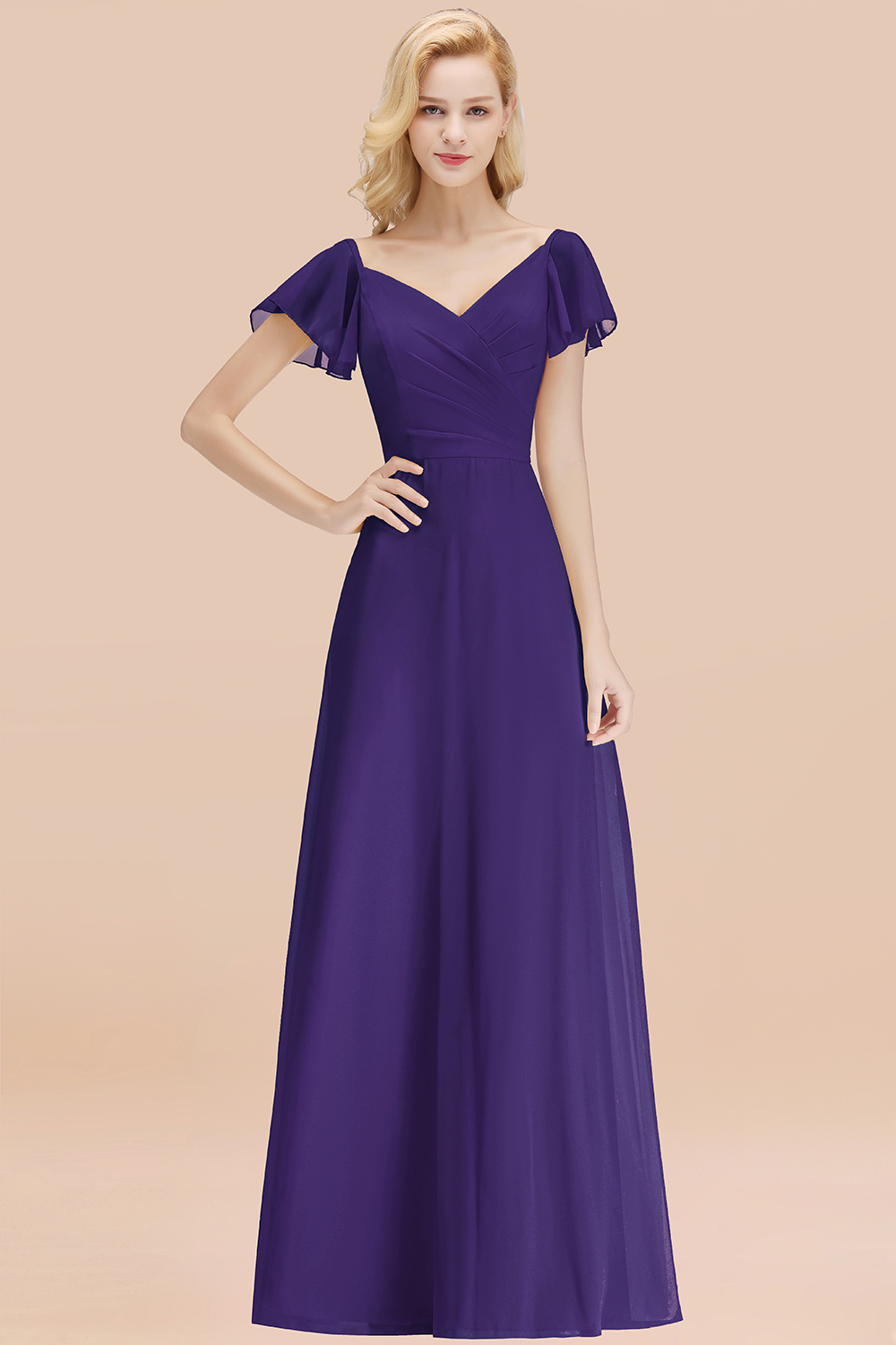Elegant V Neck Short Sleeves Chiffon A-line Long Regency Bridesmaid Dress