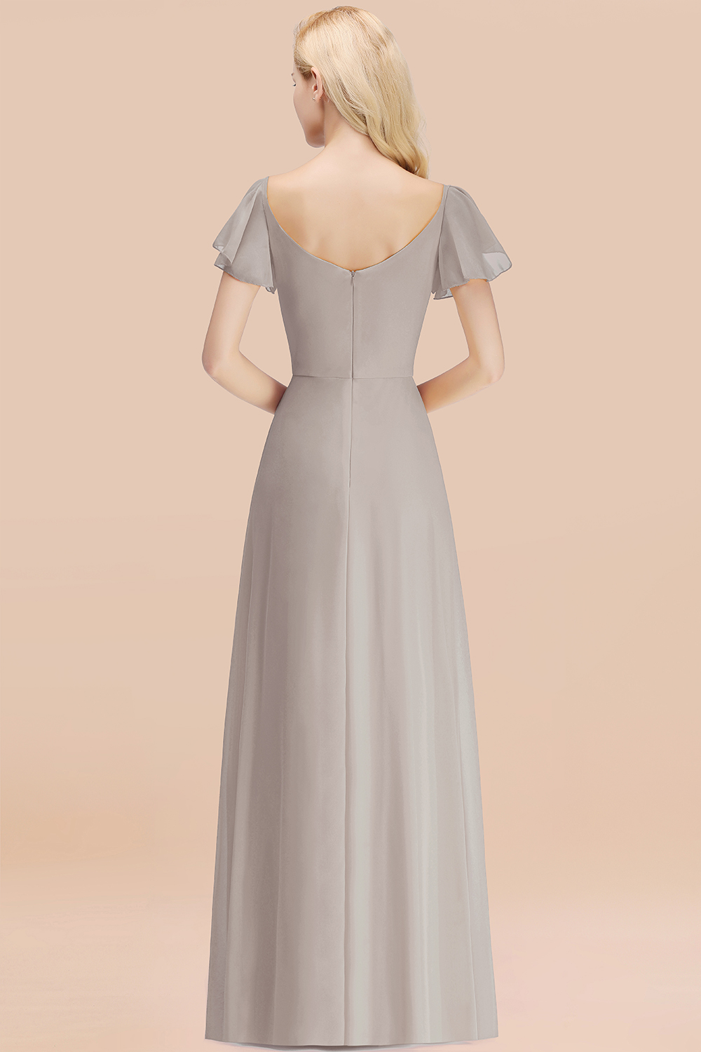 Elegant V Neck Short Sleeves Chiffon A-line Long Silver Bridesmaid Dress