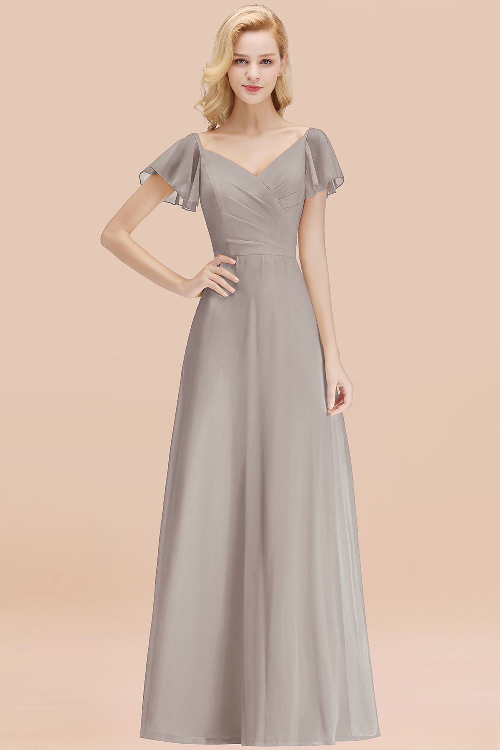 Elegant V Neck Short Sleeves Chiffon A-line Long Silver Bridesmaid Dress