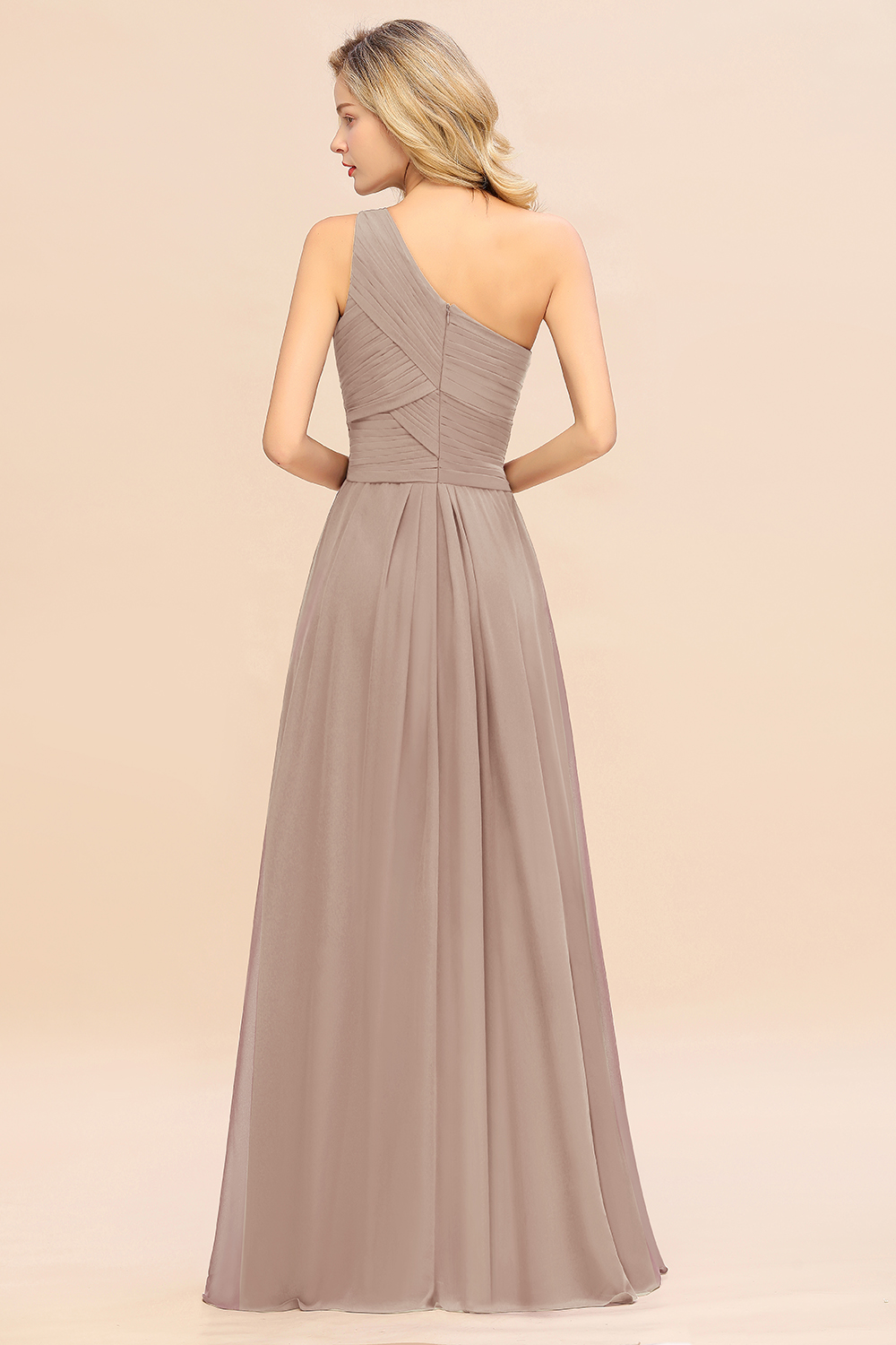 Elegant Taupe A-line Chiffon Ruffles One Shoulder Long Bridesmaid Dress