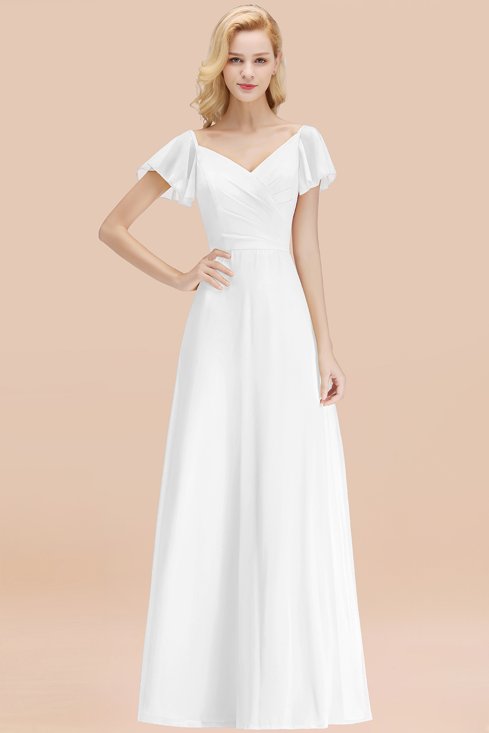 Elegant V Neck Short Sleeves Chiffon A-line Long White Bridesmaid Dress