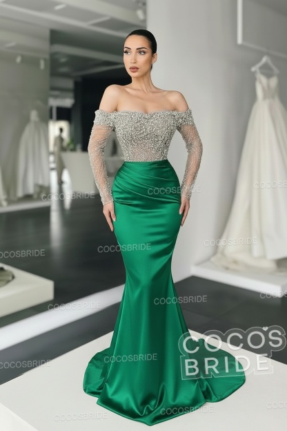 Long Mermaid Off the Shoulder Satin Prom Dress with Sleeves