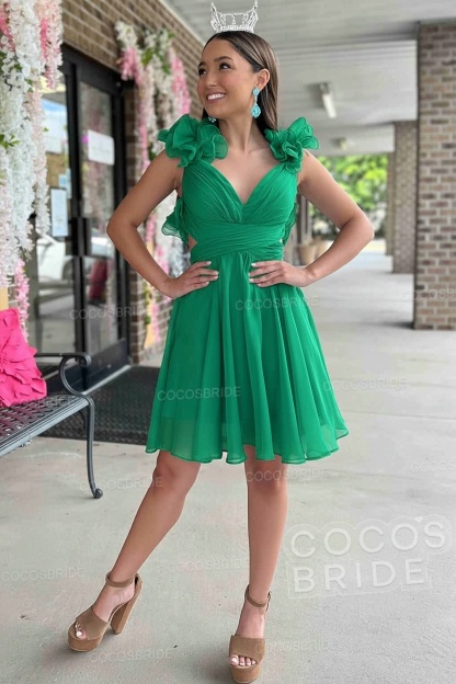 V-Neck Sky Blue Short Chiffon A-Line Party Dress