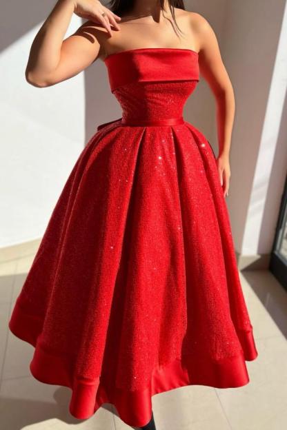 Elegant Red A-line Strapless Sequined Sleeveless Tea-length Prom Dresses