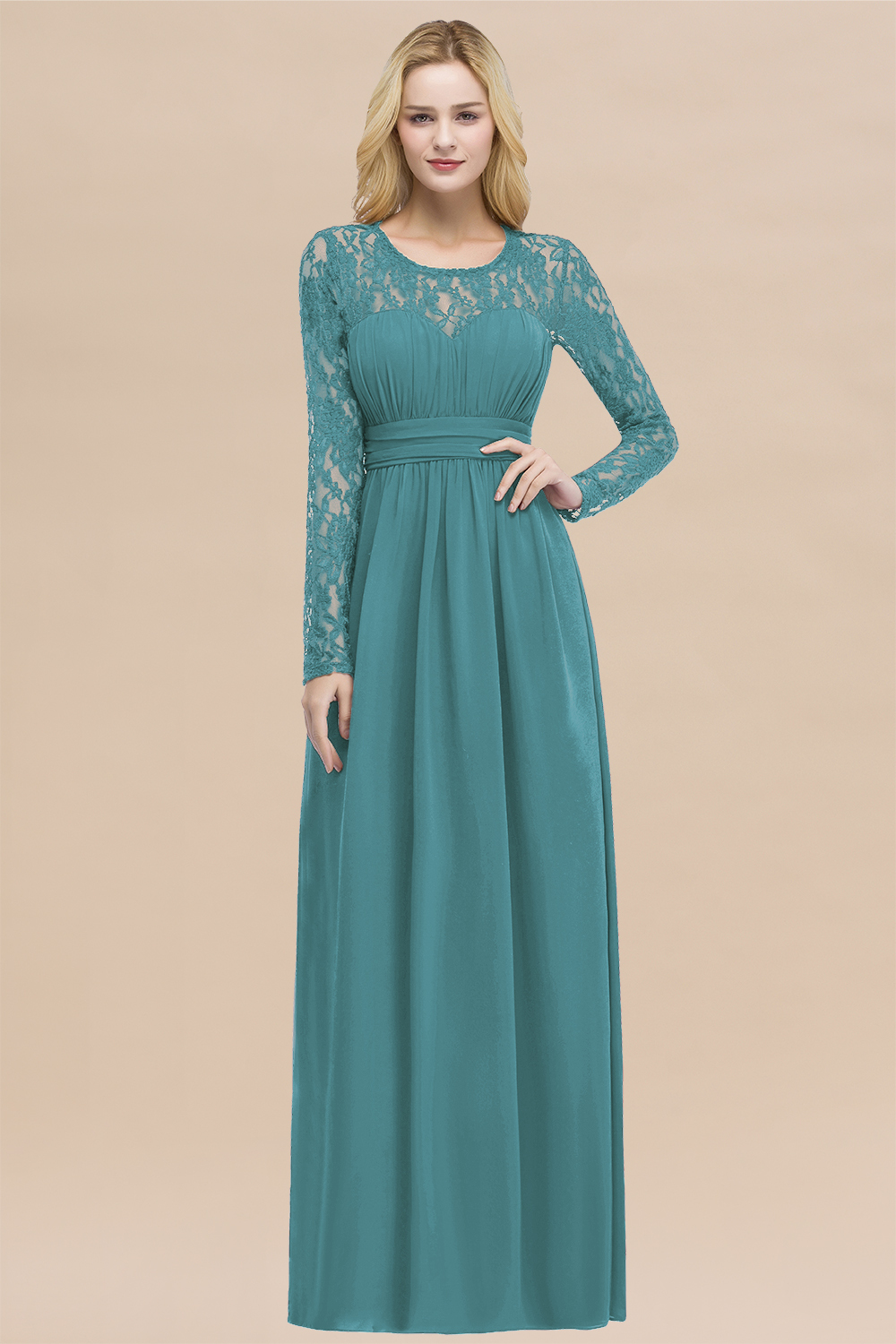 Elegant A-Line Chiffon Jewel Long Sleeves Ruffles Floor-Length Bridesmaid Dresses