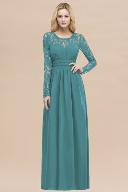 Elegant A-Line Chiffon Jewel Long Sleeves Ruffles Floor-Length Bridesmaid Dresses