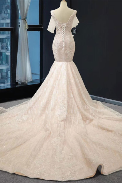 Long V-Neck Short Sleeve Appliques Mermaid Wedding Dress