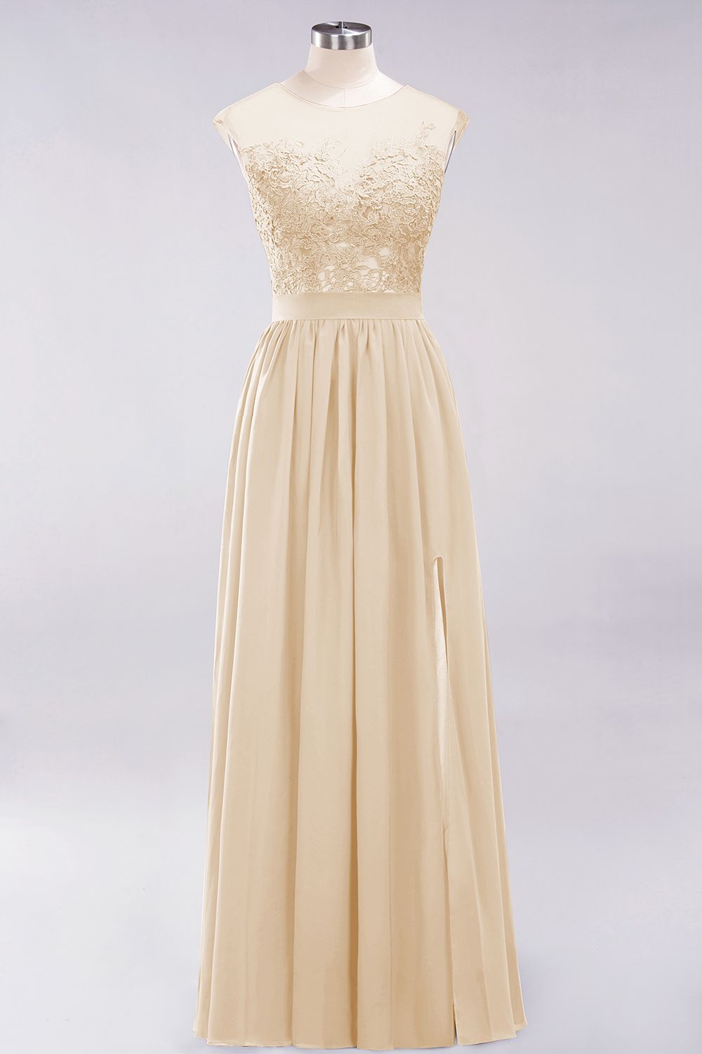 A-line Chiffon Lace Jewel Sleeveless Floor-Length Bridesmaid Dresses with Appliques