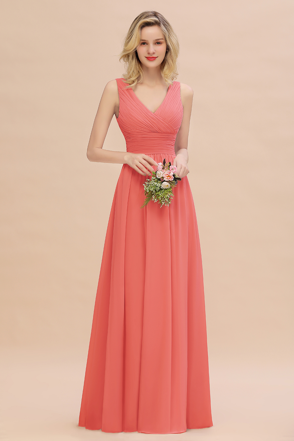 Elegant A-line V-Neck Ruffles Long Bridesmaid Dress
