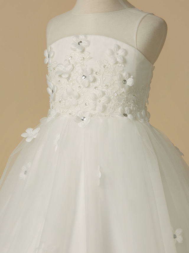 A-Line Floor Length Wedding / First Communion Flower Girl Dresses - Satin / Tulle Sleeveless Jewel Neck With Beading / Flower
