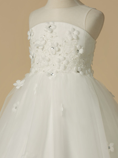 A-Line Floor Length Wedding / First Communion Flower Girl Dresses - Satin / Tulle Sleeveless Jewel Neck With Beading / Flower