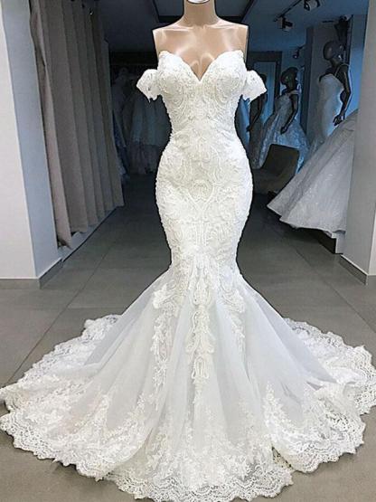 Elegant Long Sweetheart Short Sleeves Lace Mermaid Wedding Dresses