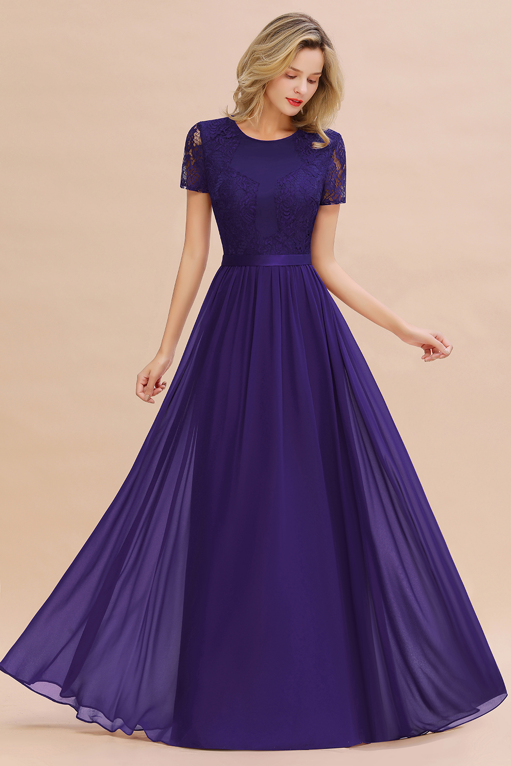 Chiffon Lace Scoop Short Sleeve Bridesmaid Dress