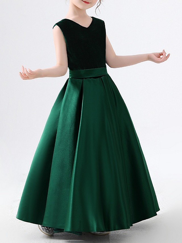 Dark Green Long A-line V-neck Satin Firl Party Dresses