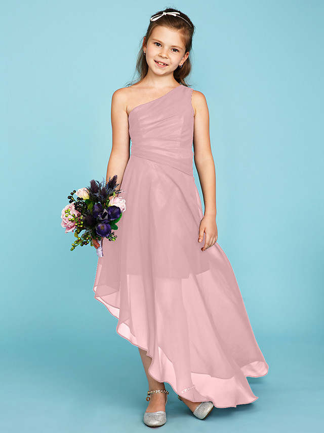 A-Line One Shoulder Asymmetrical Chiffon Junior Bridesmaid Dress With Side Draping / Wedding Party