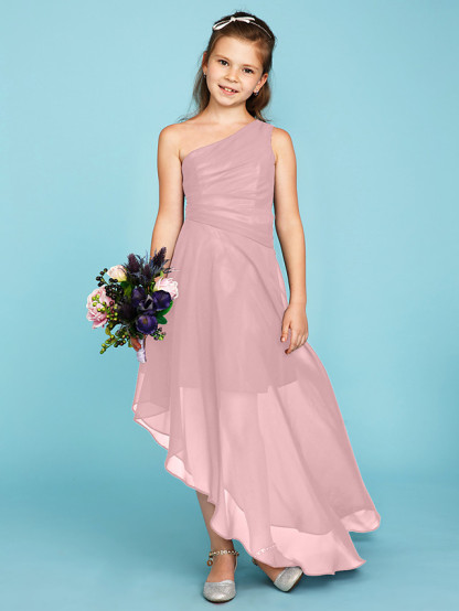 A-Line One Shoulder Asymmetrical Chiffon Junior Bridesmaid Dress With Side Draping / Wedding Party