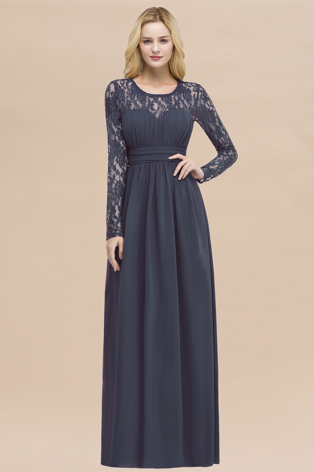 Elegant A-Line Chiffon Jewel Long Sleeves Ruffles Floor-Length Bridesmaid Dresses