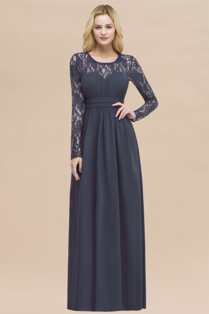 Elegant A-Line Chiffon Jewel Long Sleeves Ruffles Floor-Length Bridesmaid Dresses