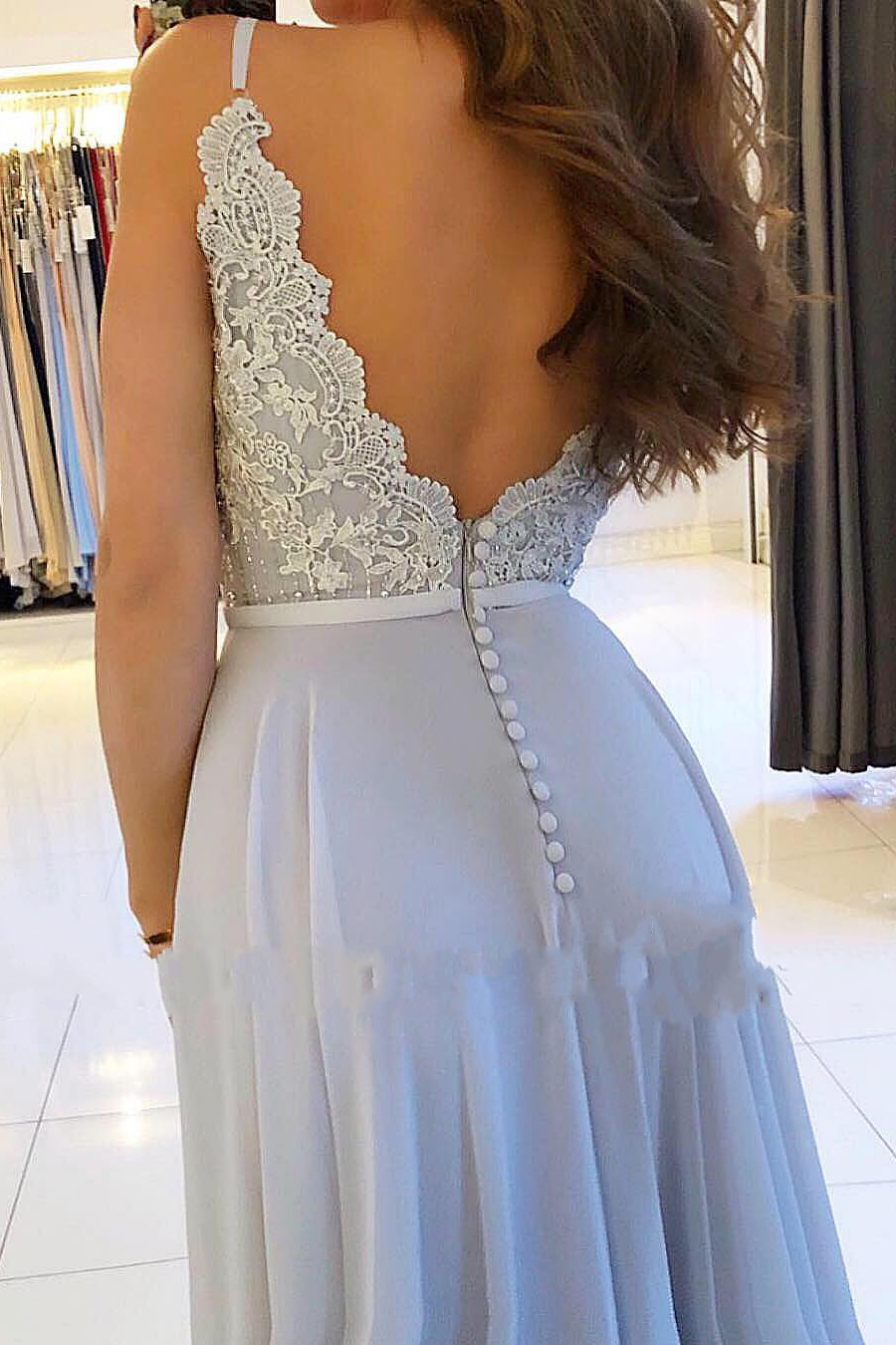 A-Line Spaghetti Straps Lace Floor-length Ruffles Prom Dress With Side Slit