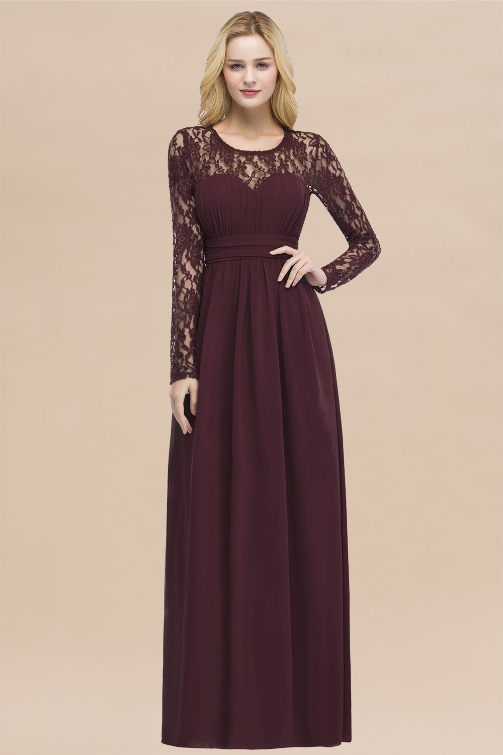 Elegant A-Line Chiffon Jewel Long Sleeves Ruffles Floor-Length Bridesmaid Dresses