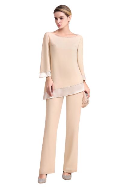 Chic Champagne Chiffon Long Sleeve Mother of Bride Jumpsuit