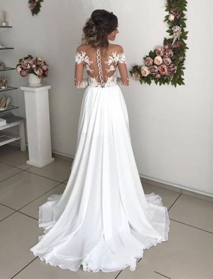 Elegant Long A-line Chiffon Lace Long Sleeves Wedding Dress with Slit