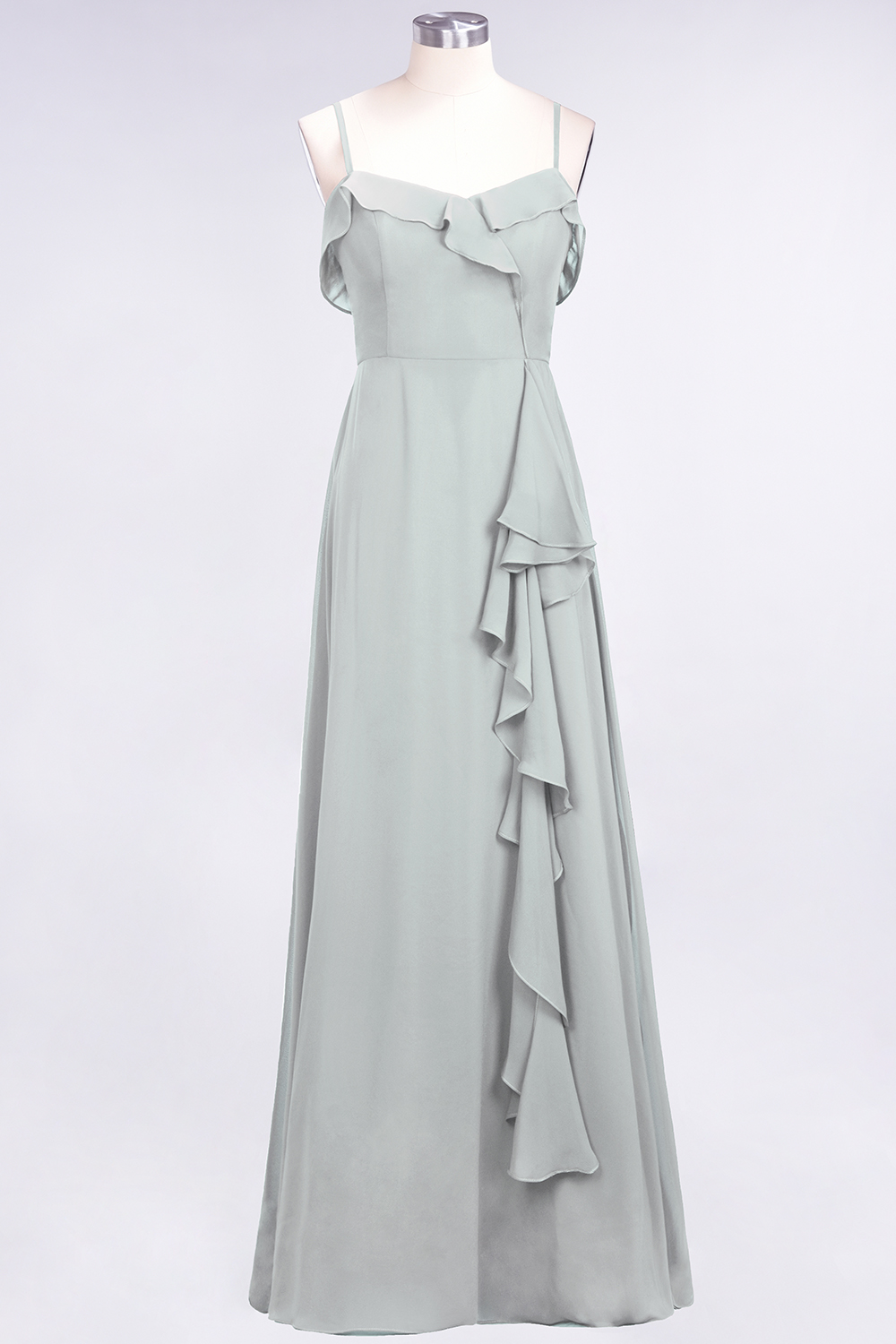 Spaghetti Straps A-Line Chiffon Backless Floor-length Prom Dress With Ruffles
