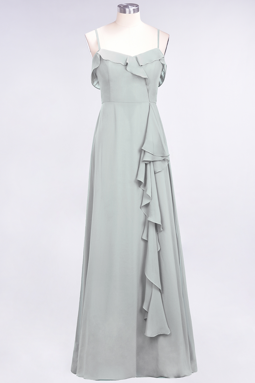 Spaghetti Straps A-Line Chiffon Backless Floor-length Prom Dress With Ruffles
