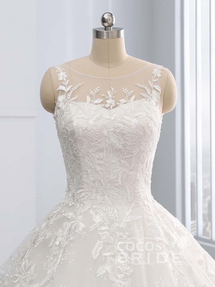 Gorgeous Ivory Long Tulle Lace-Up Sweep Train Ball Gown Wedding Dresses