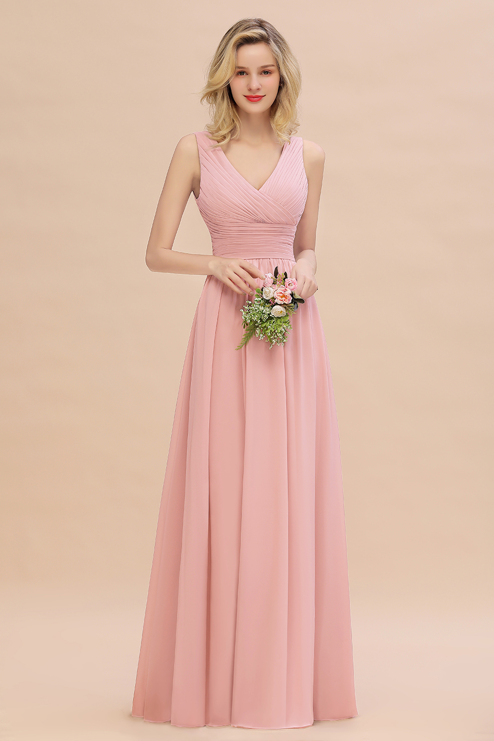 Elegant A-line V-Neck Ruffles Long Bridesmaid Dress