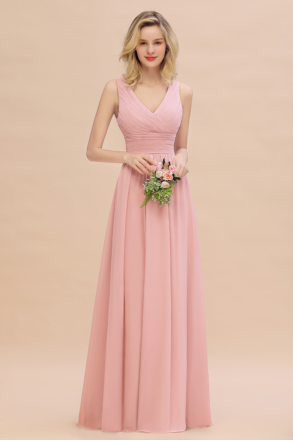 Elegant A-line V-Neck Ruffles Long Bridesmaid Dress