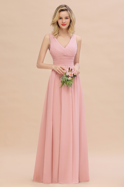 Elegant A-line V-Neck Ruffles Long Bridesmaid Dress