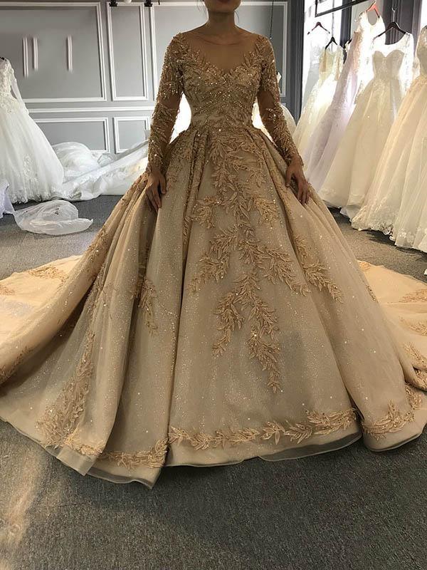 Long Sleeves O-Neck Ball Gown Wedding Dresses with Long Train