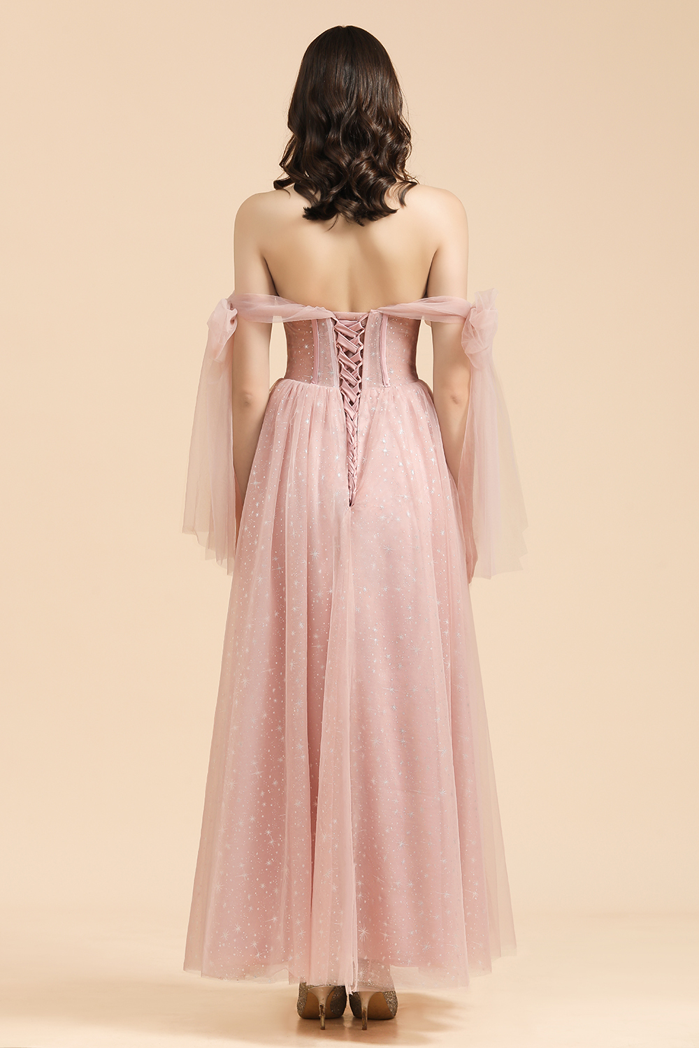 A-line Pink Off The Shoulder Bow Tulle Floor Length Bridesmaid Dress